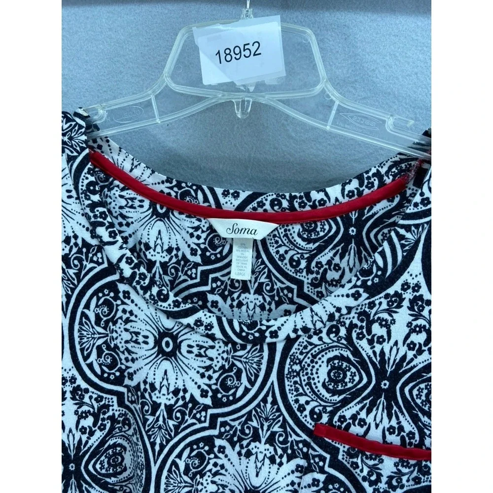 Soma Gown Sz L Black White Pattern‎ 3/4 Sleeve Dress with Red Trim Nightgown - Picture 9 of 9